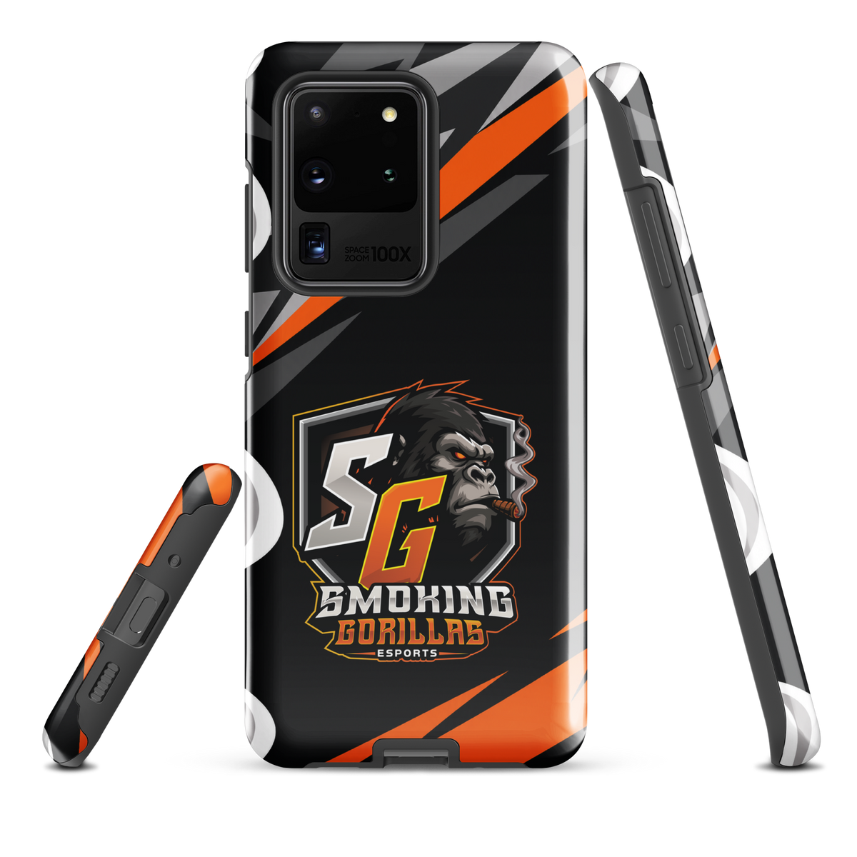 SMOKING GORILLAS Hardcase Handyhülle für Samsung Galaxy S20 Ultra – Produktansicht, schwarz-oranges Teamdesign