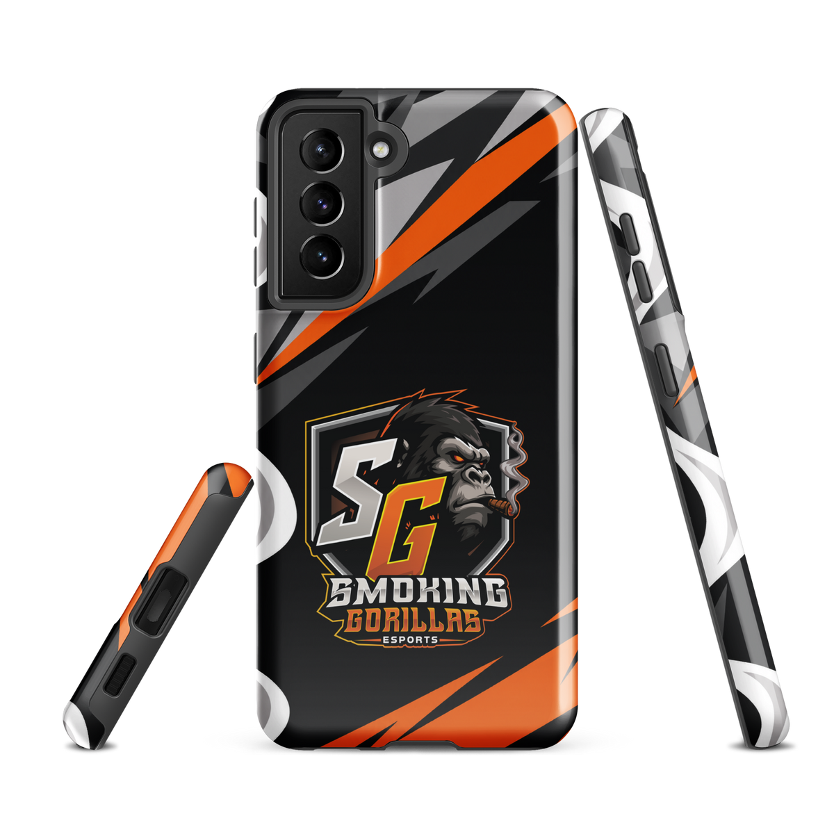 SMOKING GORILLAS Hardcase Handyhülle für Samsung Galaxy S21 FE – Produktansicht, schwarz-oranges Teamdesign