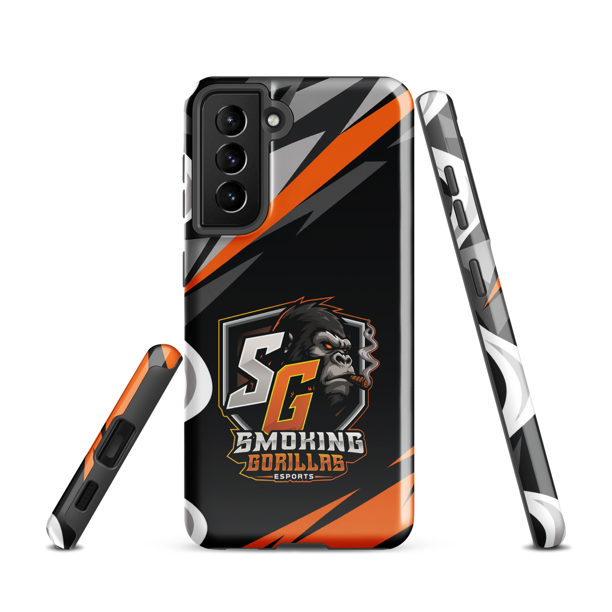 SMOKING GORILLAS Hardcase Handyhülle für Samsung Galaxy S21 – Produktansicht, schwarz-oranges Teamdesign