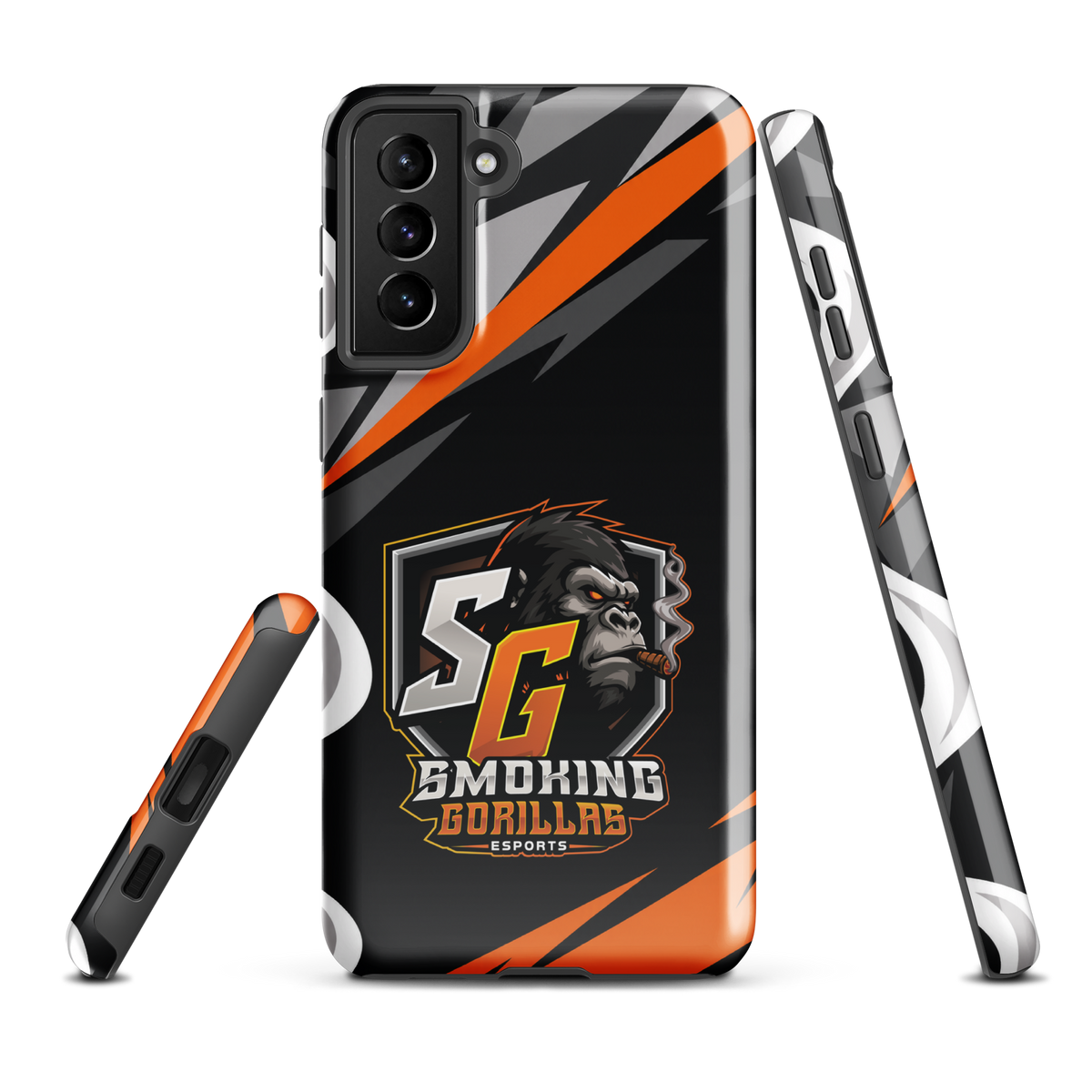 SMOKING GORILLAS Hardcase Handyhülle für Samsung Galaxy S21 Plus – Produktansicht, schwarz-oranges Teamdesign