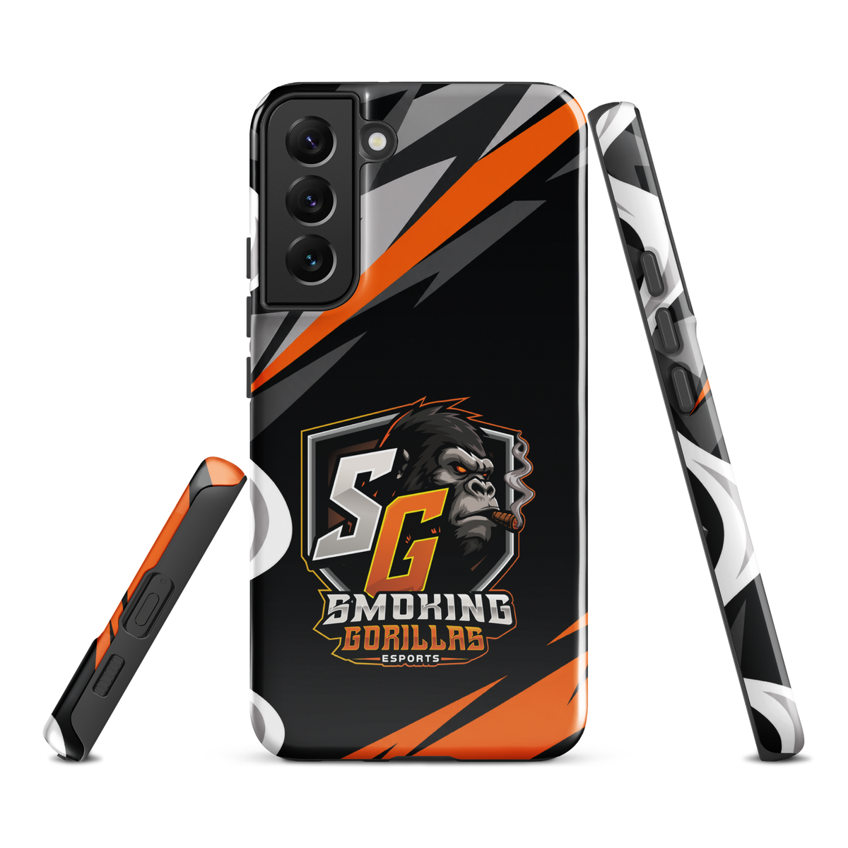 SMOKING GORILLAS Hardcase Handyhülle für Samsung Galaxy S22 Plus – Produktansicht, schwarz-oranges Teamdesign