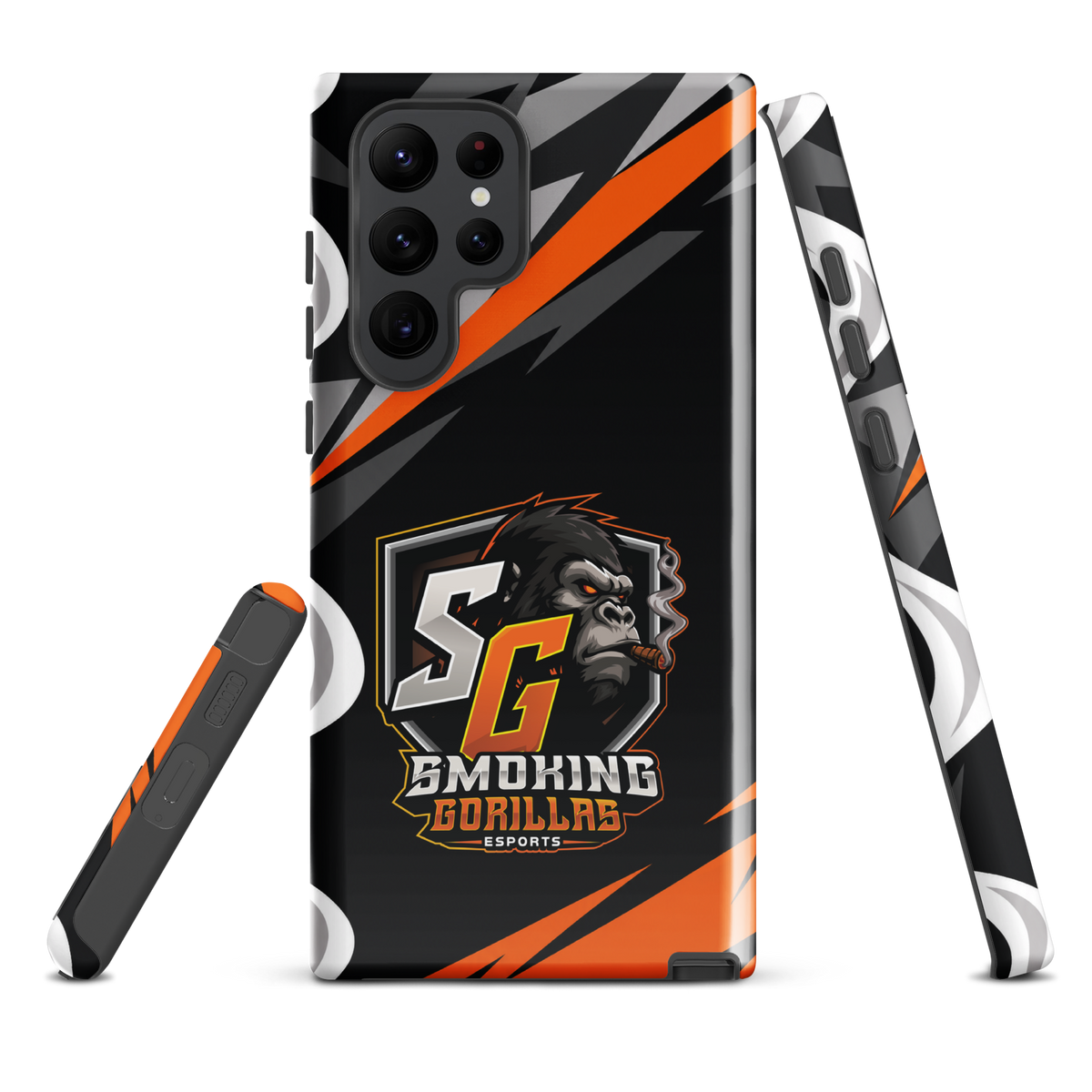 SMOKING GORILLAS Hardcase Handyhülle für Samsung Galaxy S22 Ultra – Produktansicht, schwarz-oranges Teamdesign