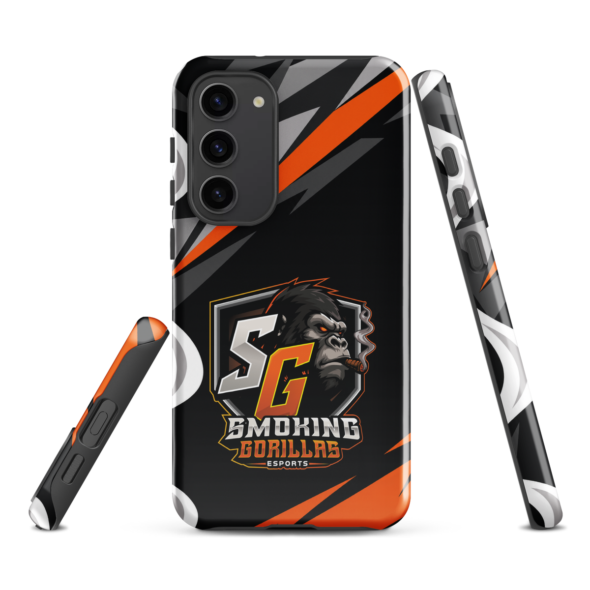 SMOKING GORILLAS Hardcase Handyhülle für Samsung Galaxy S23 Plus – Produktansicht, schwarz-oranges Teamdesign