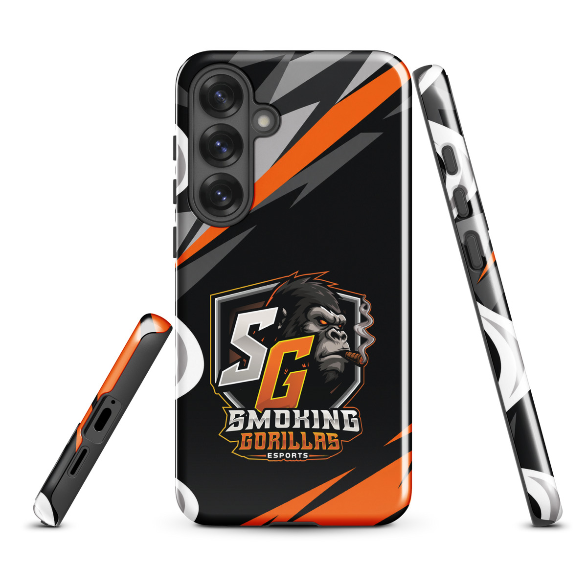 SMOKING GORILLAS Hardcase Handyhülle für Samsung Galaxy S25 Plus – Produktansicht, schwarz-oranges Teamdesign