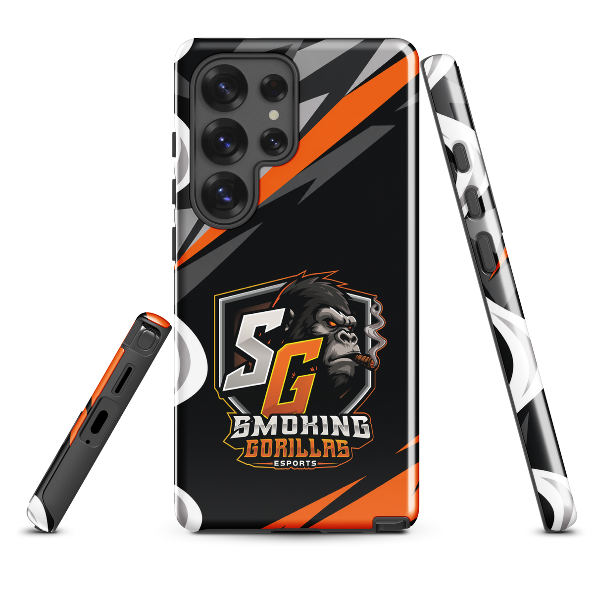SMOKING GORILLAS Hardcase Handyhülle für Samsung Galaxy S25 Ultra – Produktansicht, schwarz-oranges Teamdesign